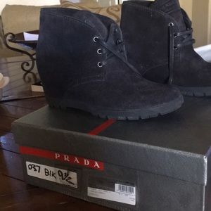 Prada suede black ankle wedge boots